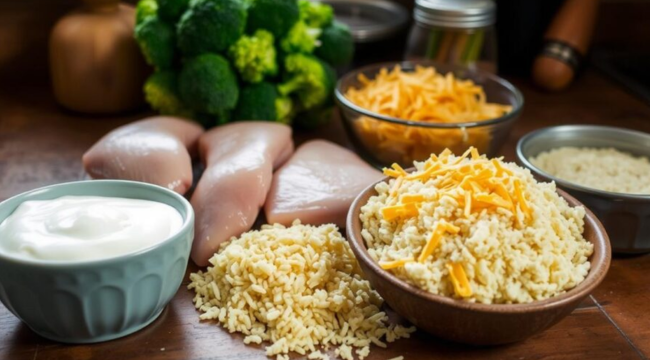 Fresh ingredients on a wooden table, including chicken breasts, rice, shredded cheddar cheese, broccoli, and a bowl of yogurt