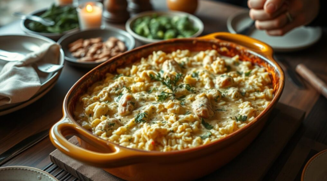 A baked chicken and rice casserole in a yellow dish, garnished with herbs, surrounded by plates, vegetables, and a cozy table setting.