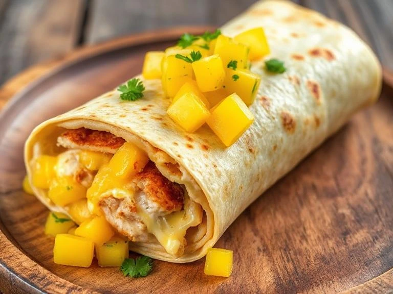 A cheesy garlic chicken wrap topped with vibrant mango salsa