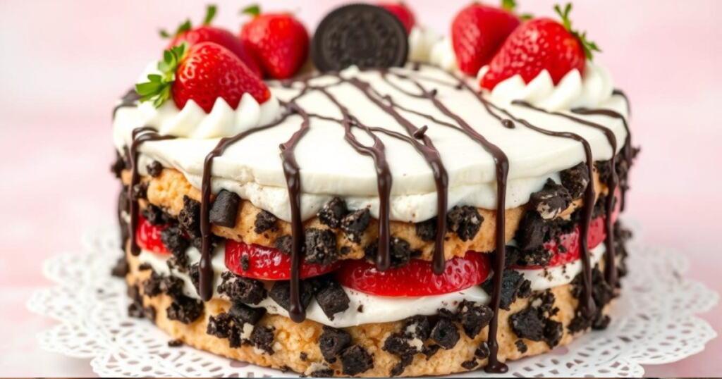 Strawberry Oreo Crunch Cake