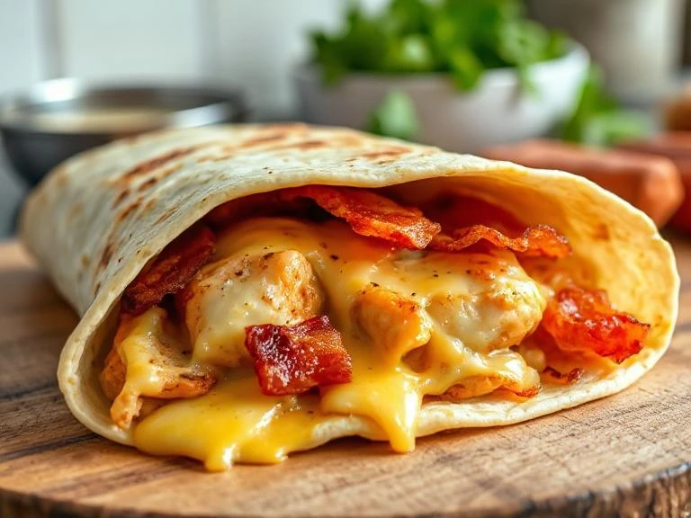 A golden, crispy cheesy garlic chicken wrap with bacon  