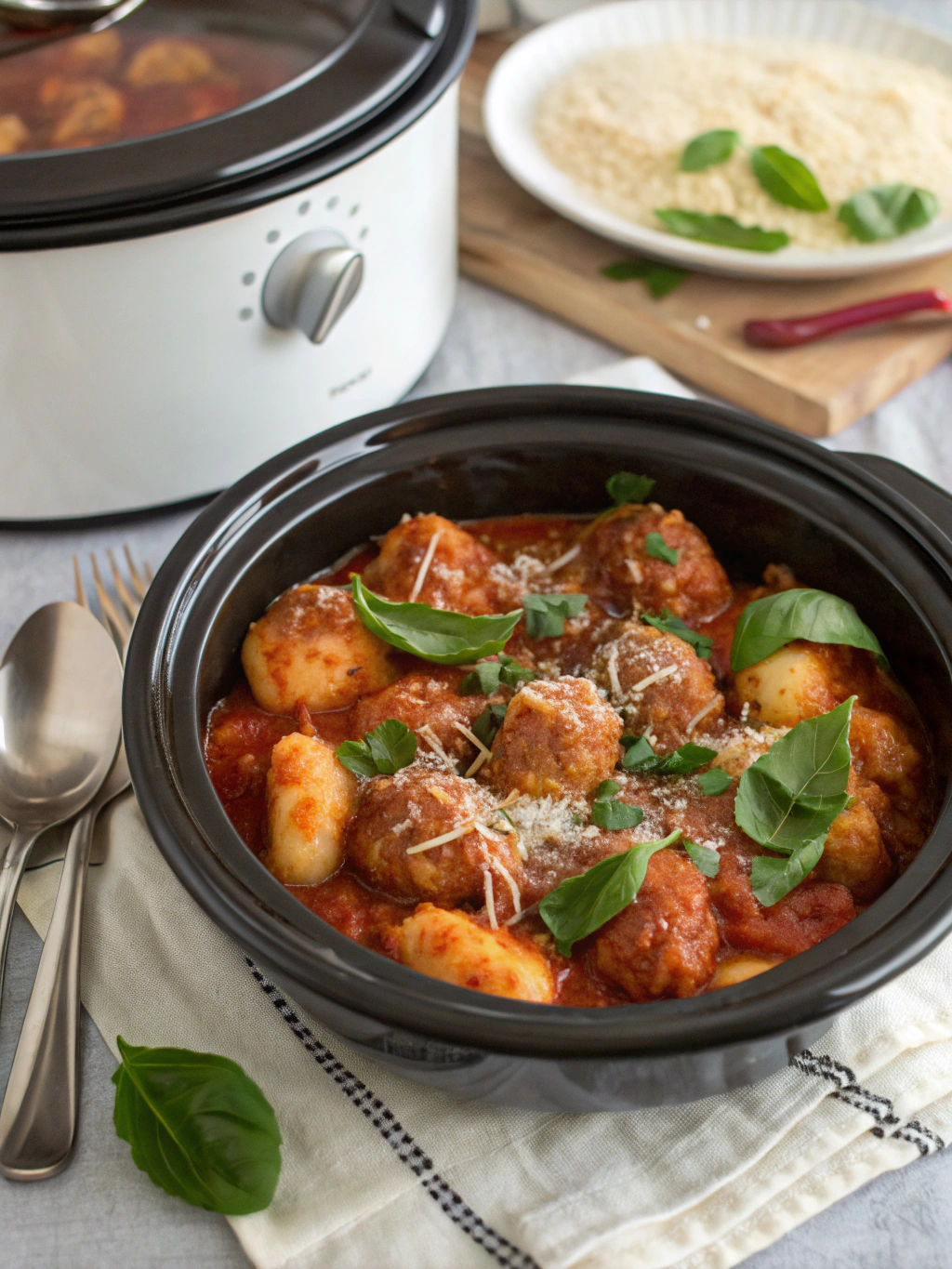 slow cooker tuscan chicken meatballs with gnocchi