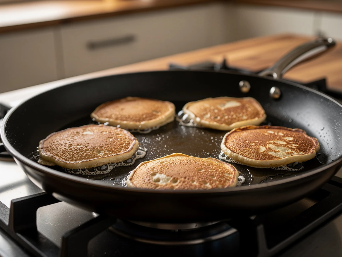 Cooking diabetic-friendly almond flour pancakes on a non-stick skillet with golden edges