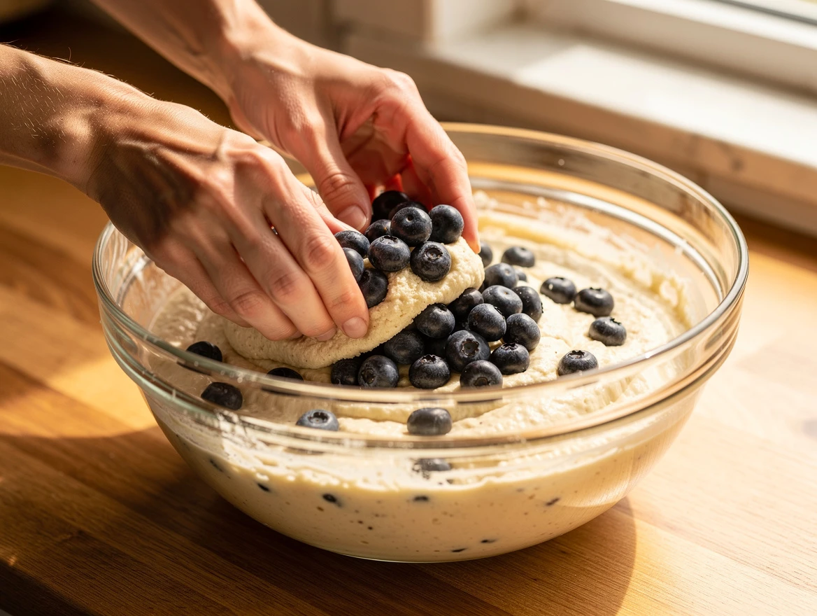 Happy family enjoying diabetic blueberry muffins at brunch with coffee and fruit