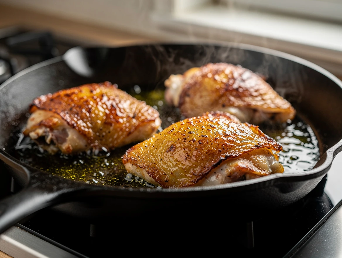 Loved herb-marinated chicken cooking in pan with garlic and lemon
