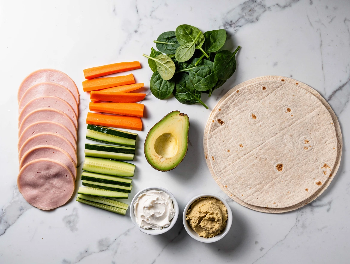Colorful veggie and turkey roll-ups on a rustic plate
