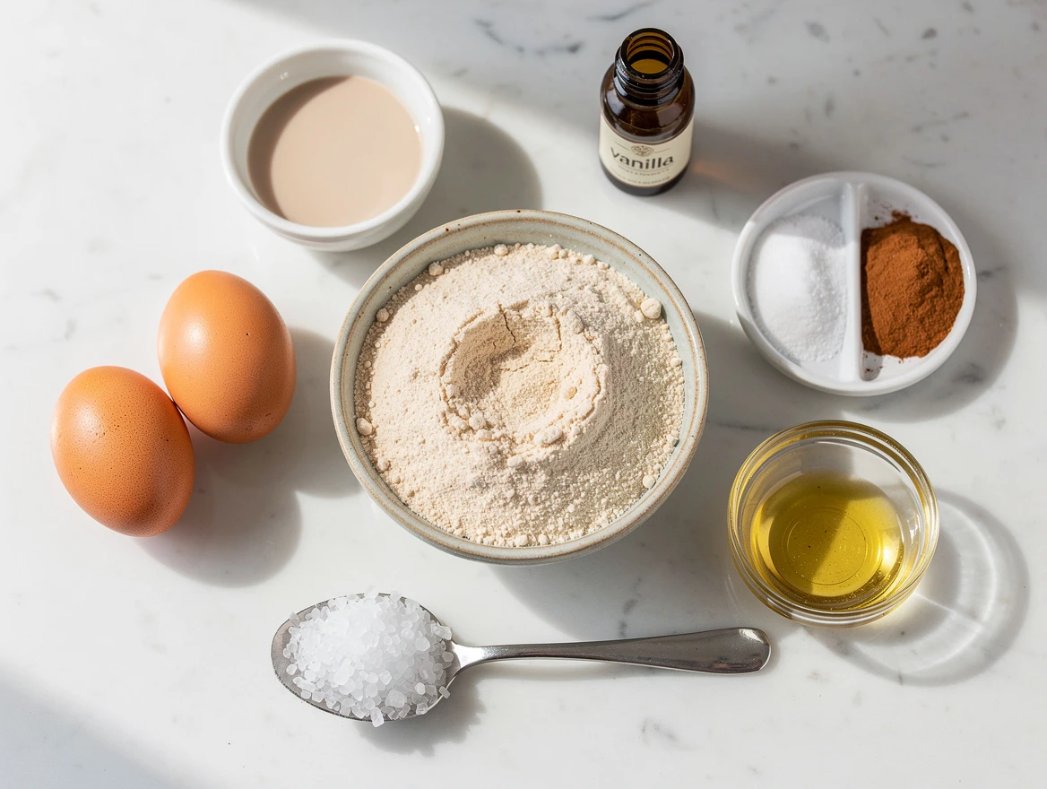 Ingredients for almond flour diabetic pancakes laid out on a rustic wooden surface