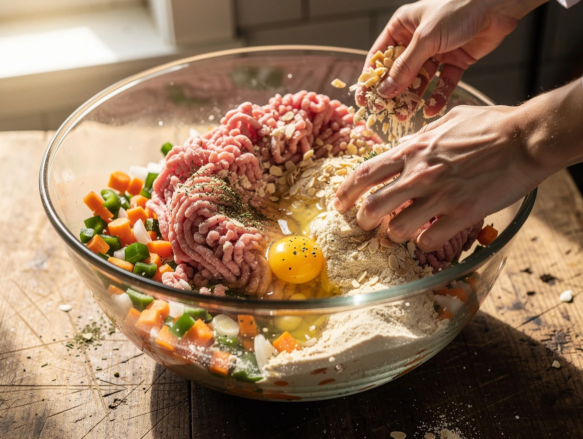 Mixing ingredients gently by hand for diabetic meatloaf in kitchen bowl