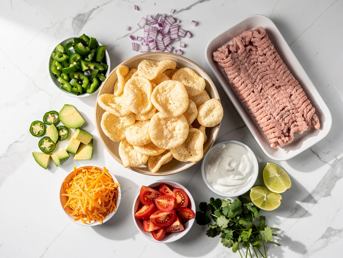 Close-up of low-carb nachos topped with fresh colorful veggies and cheese