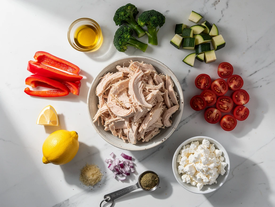 Rotisserie chicken and colorful vegetable power bowl in a rustic bowl