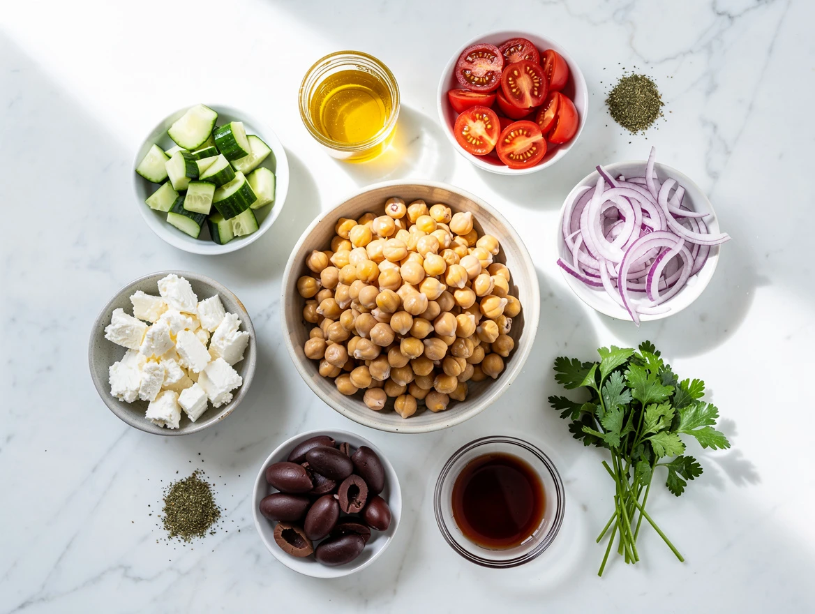 Bowl of Mediterranean chickpea salad garnished with fresh parsley