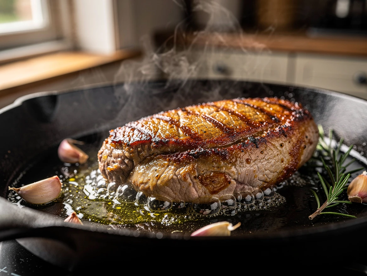 Sauerkraut and greens served with juicy pork chops on plate