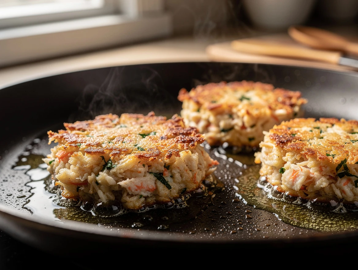 Golden low-carb crab cakes cooked in skillet with lemon wedges, healthy seafood