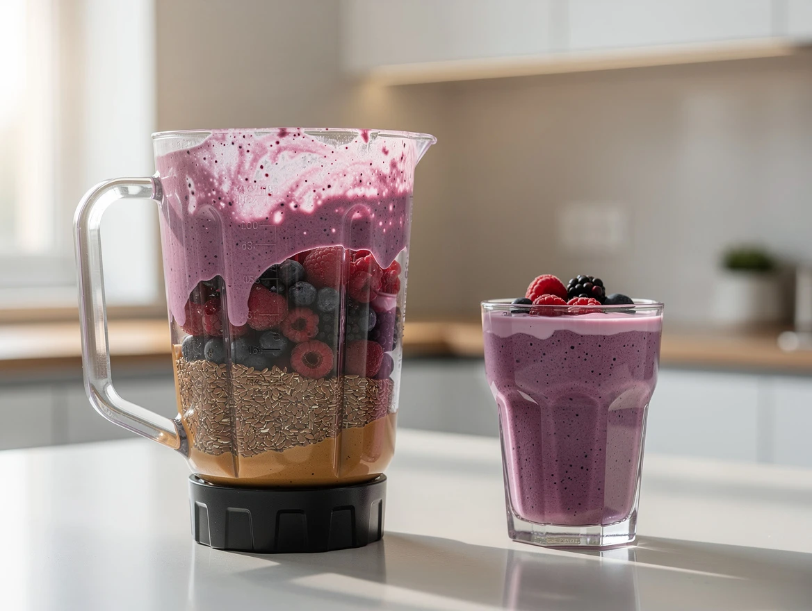 Assorted healthy breakfast ingredients including nuts, berries, and almond butter on wooden board