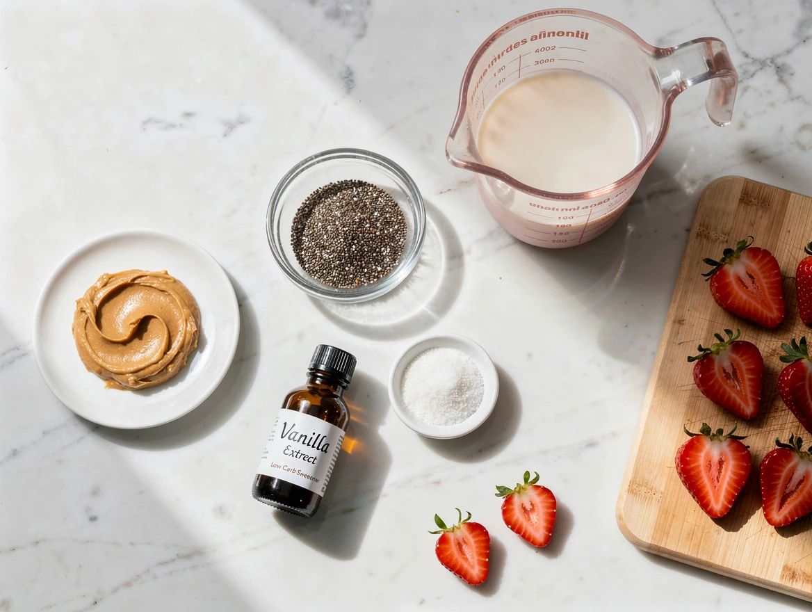 Creamy chia and peanut butter pudding topped with fresh sliced strawberries in glass jars