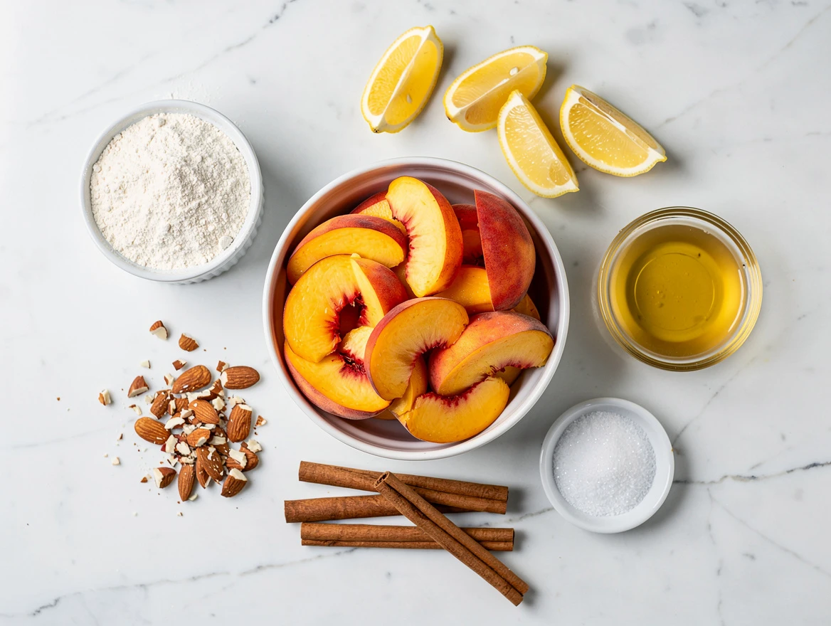 Warm peach almond crisp fresh from the oven with golden topping