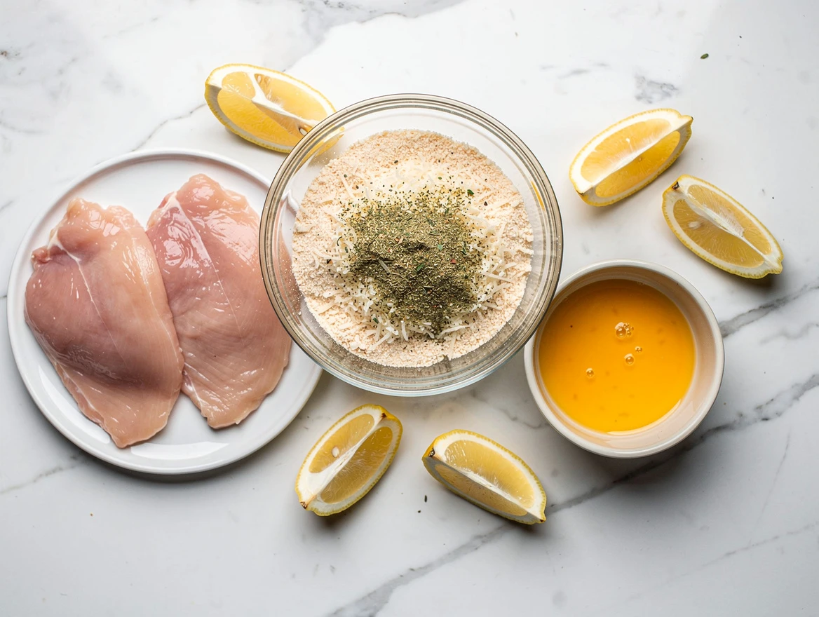 Close up of golden almond parmesan crusted chicken cutlets with lemon and herbs