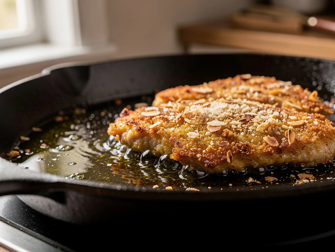 Cook preparing almond flour crusted chicken cutlets in a skillet
