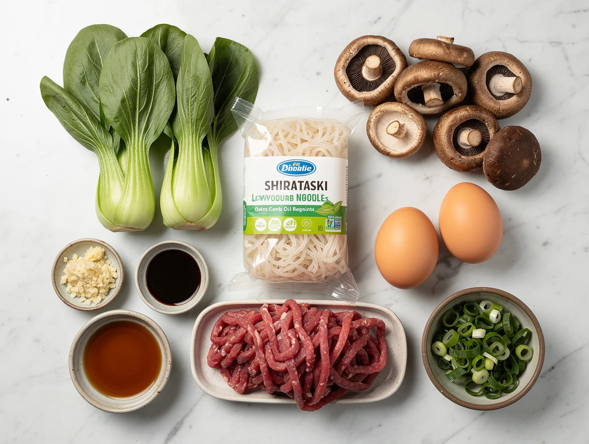 Ingredients for low-carb keto ramen including broth, noodles, meat, and greens