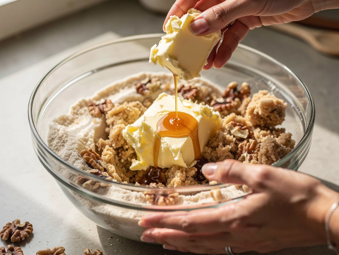 Ingredients for healthy apple crisp: almond flour, cinnamon, walnuts, fresh apples