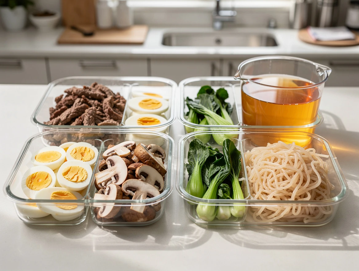 Preparation techniques for ramen including noodle rinsing and broth simmering