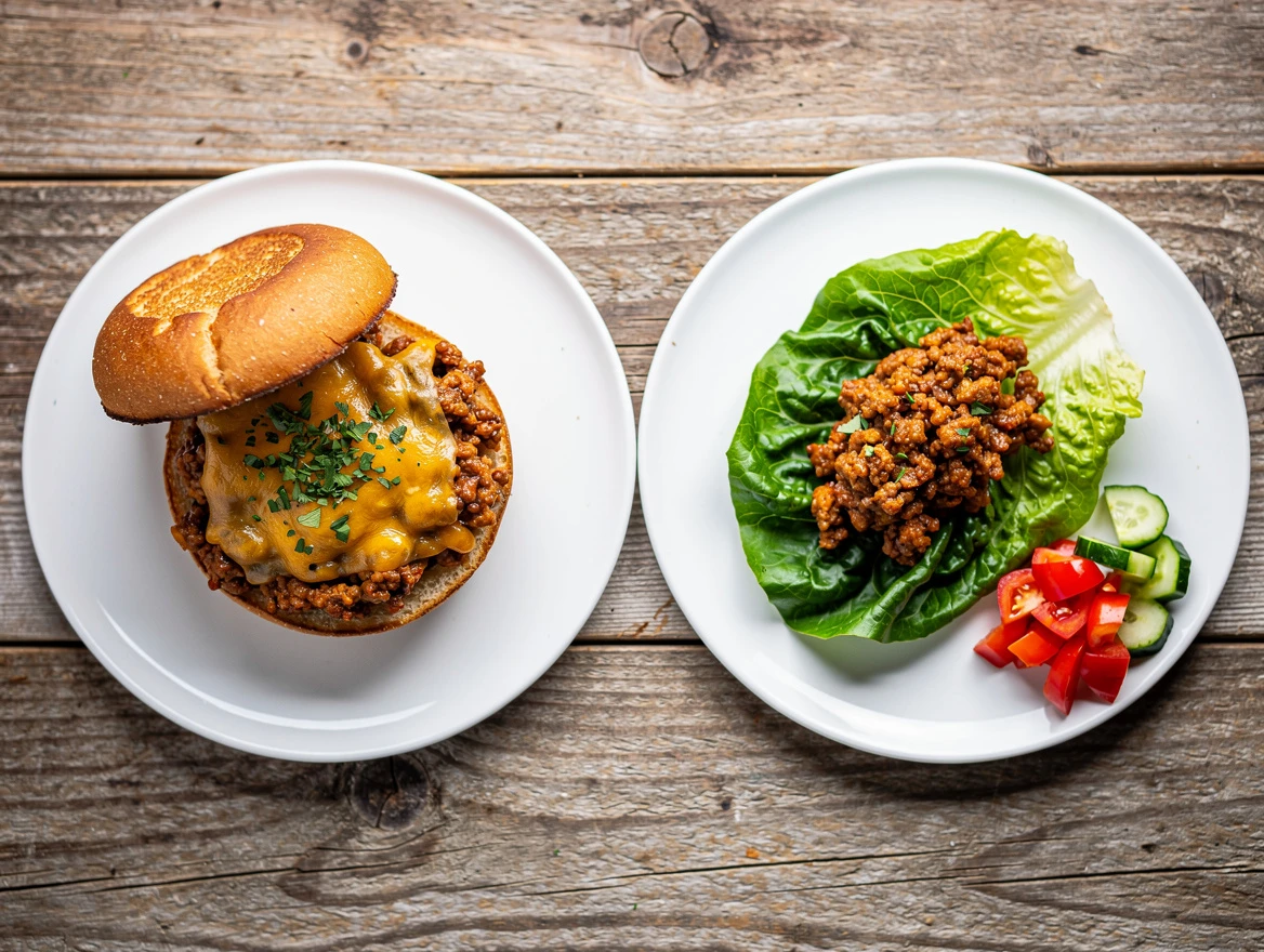 Toasted low-carb hamburger buns beside skillet with sloppy joe meat mixture