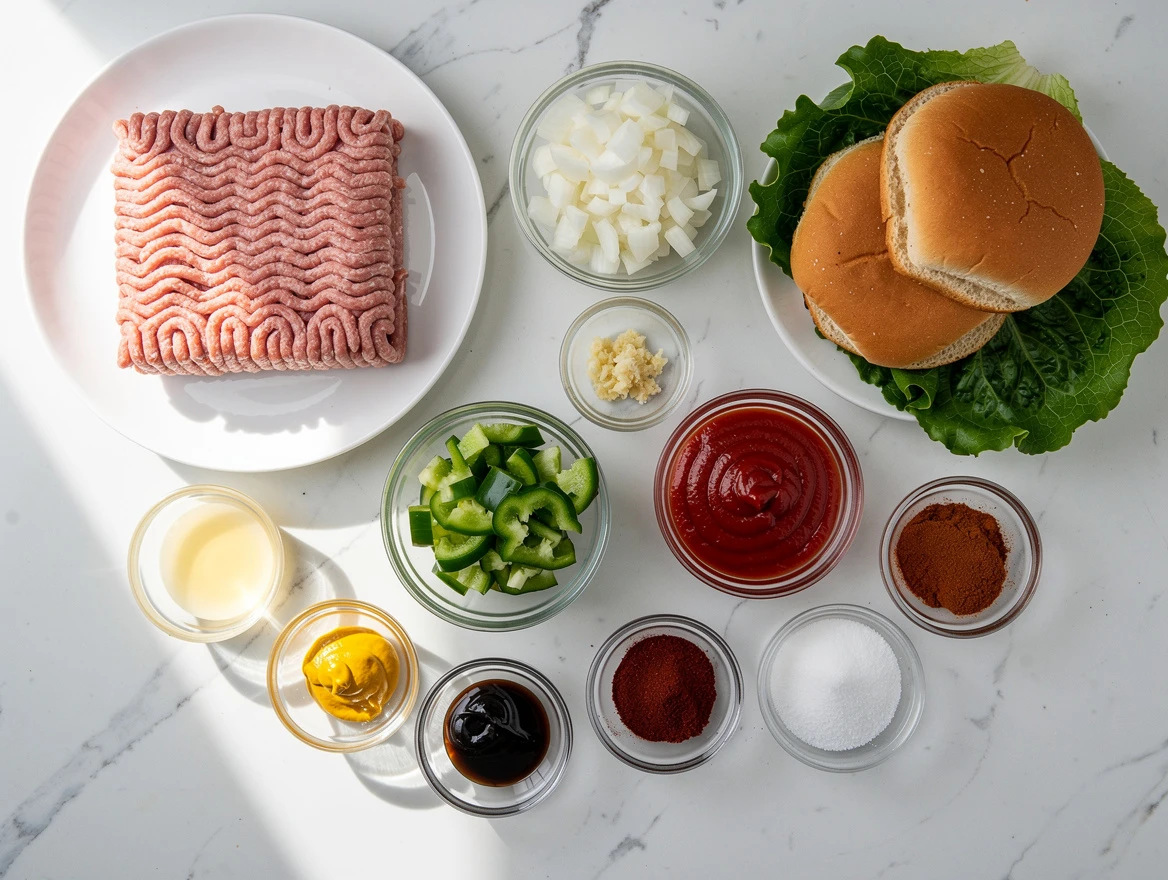 Colorful ingredients for healthy sloppy joe recipe on wooden surface