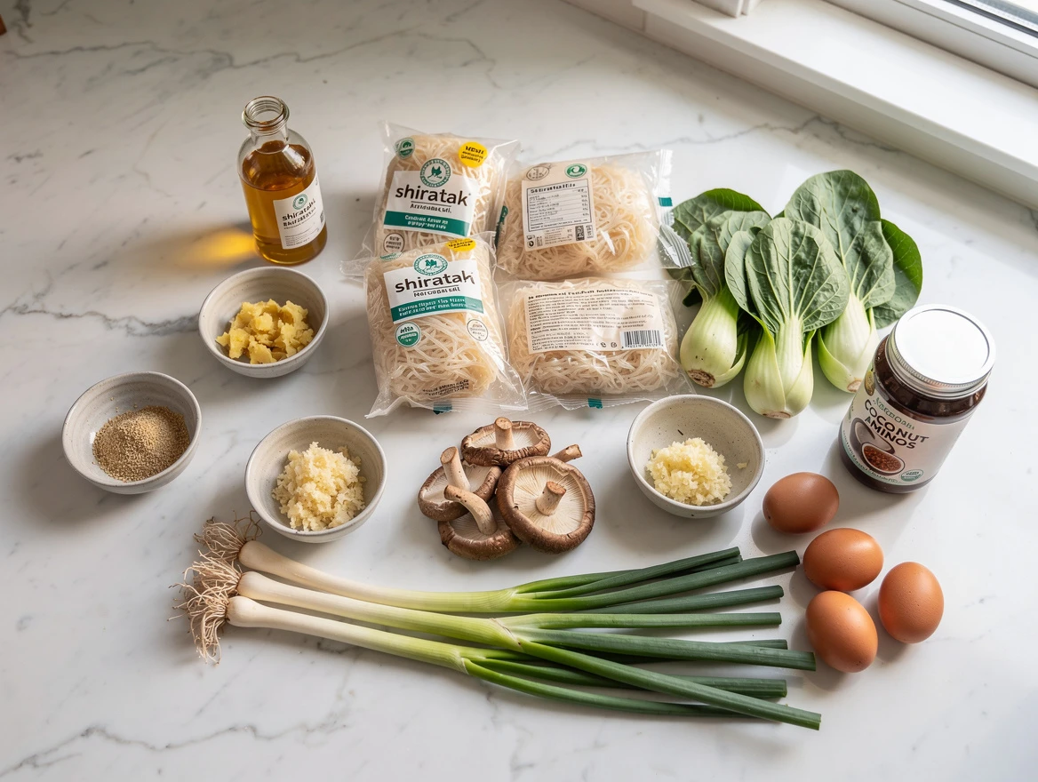 Classic keto low-carb ramen bowl with soft boiled eggs and bok choy
