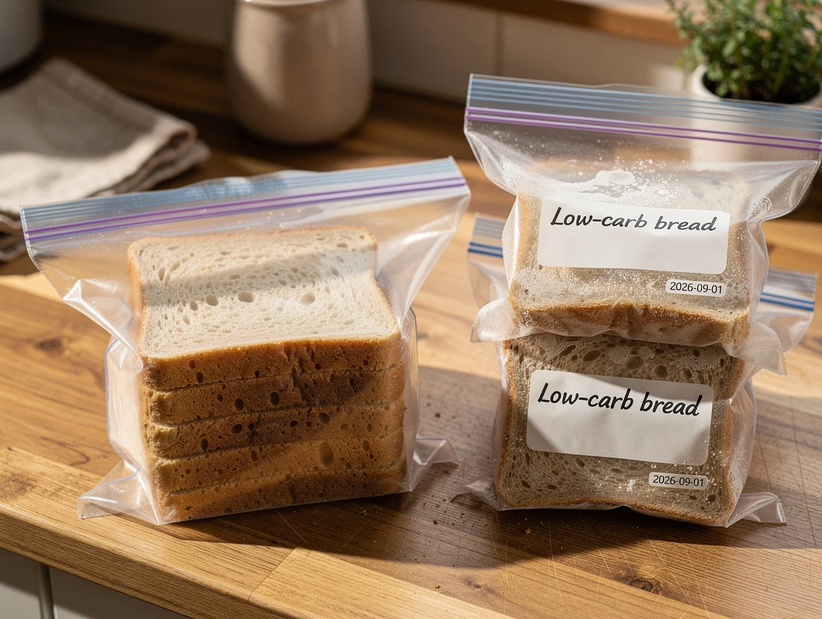 Glucose monitor alongside low-carb bread and coffee