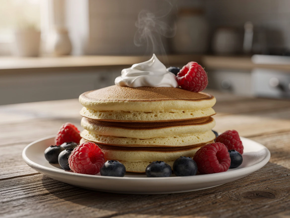 Stack of golden cottage cheese pancakes with fresh berries