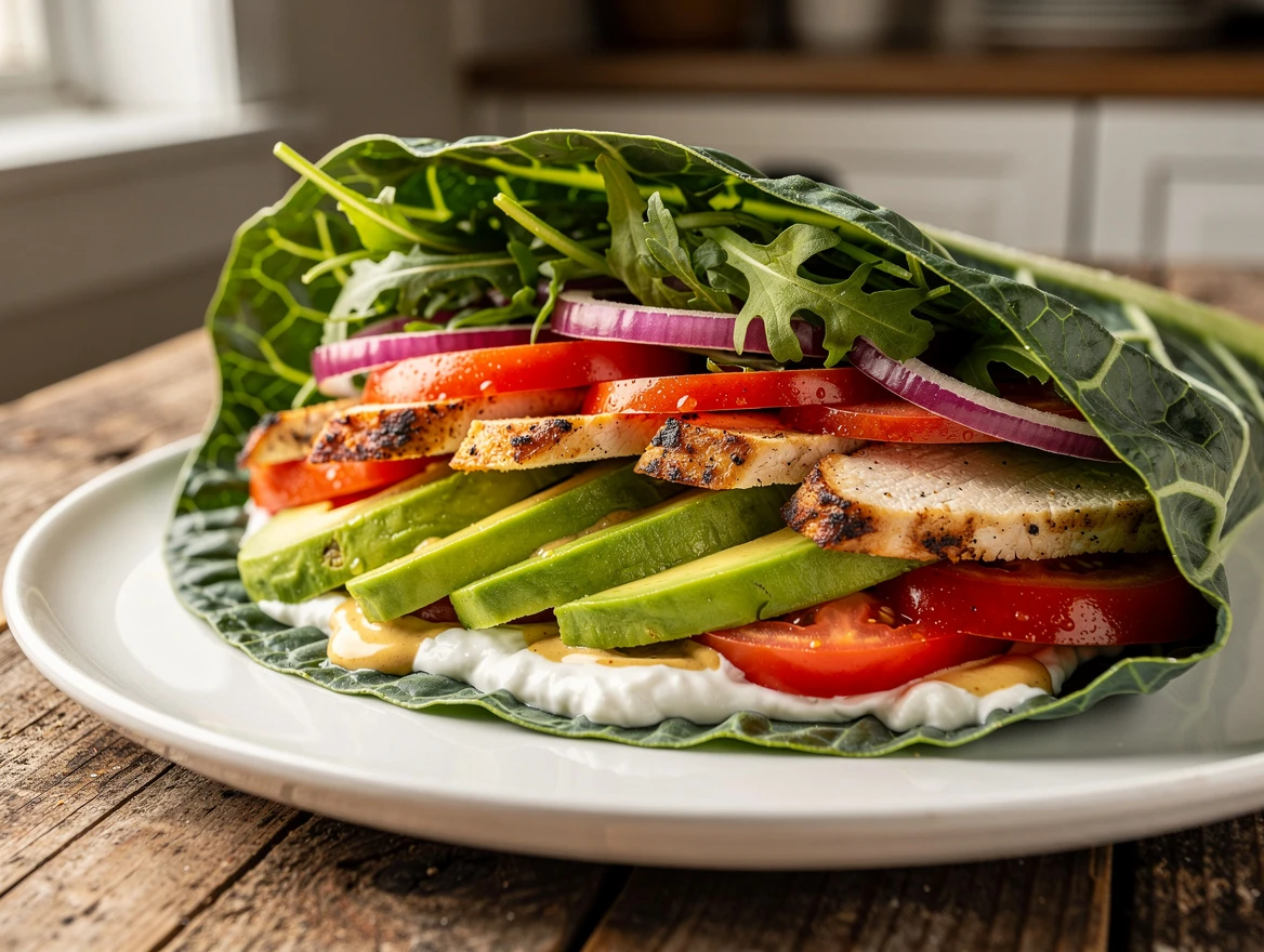Ingredients for healthy chicken sandwich mistakes to avoid: bread, chicken seasoning, avocado, and greens on rustic table