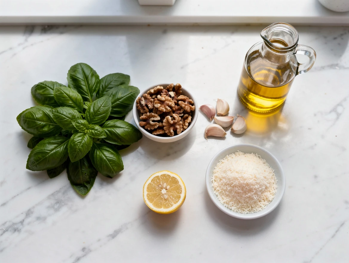 Close up of fresh basil and garlic ingredients for making healthy pesto