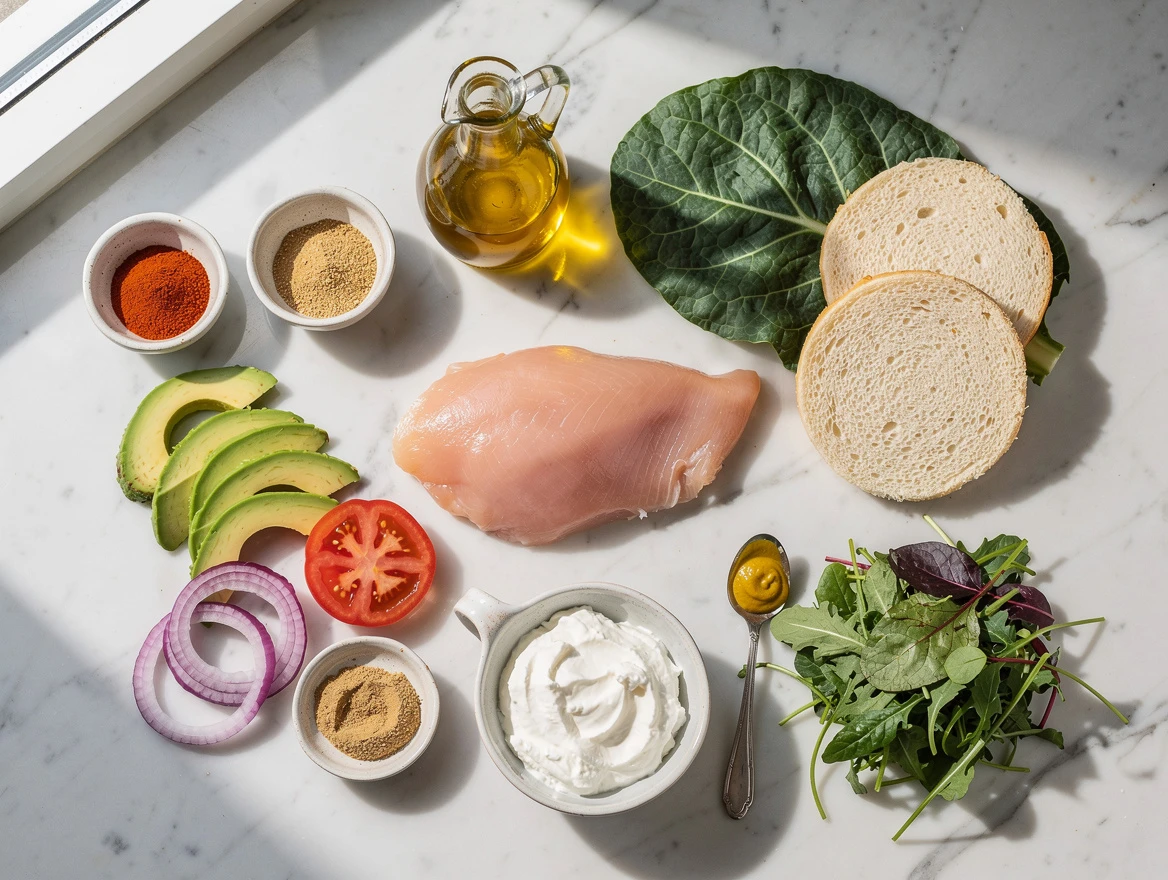Healthy low-carb chicken sandwich with collard greens and avocado slices showing blood sugar friendly ingredients