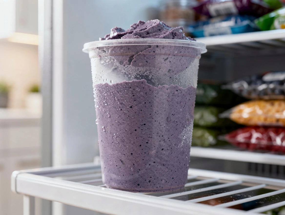 Ninja Creami machine with frozen pint container ready to process creamy dessert