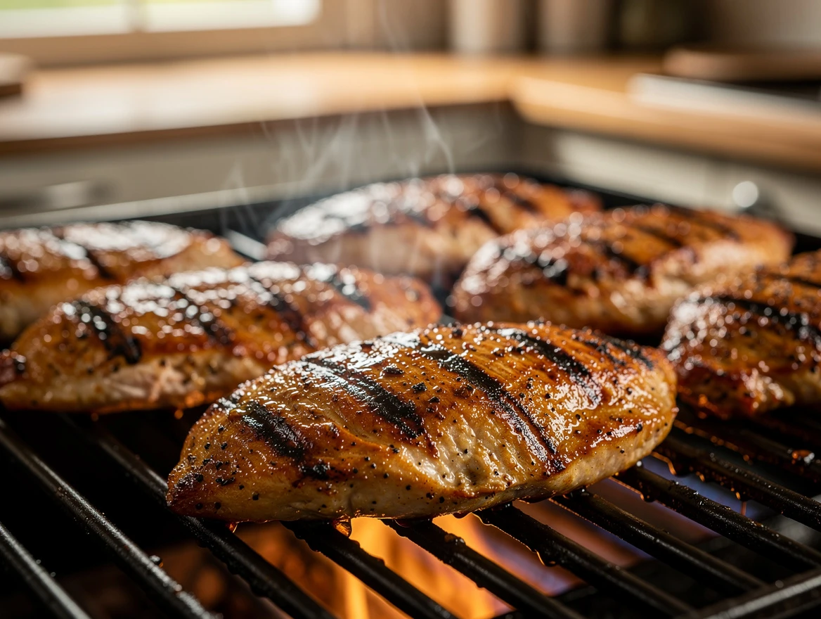 Cook preparing chicken breast with herbs and spices in kitchen