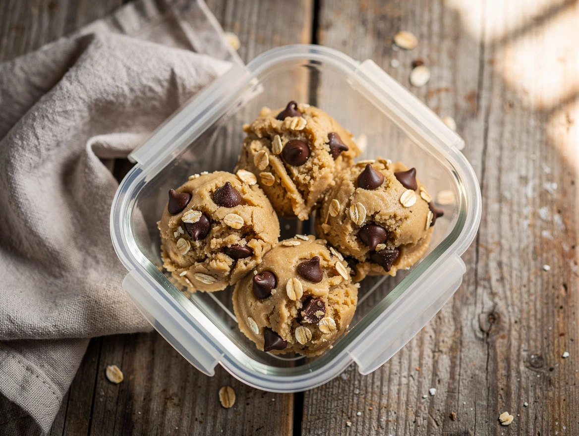 Bowl of healthy cookie dough with spoon, surrounded by ingredients, sunlight