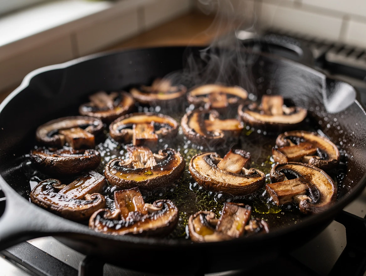Sautéed mushrooms browning in a skillet on stovetop