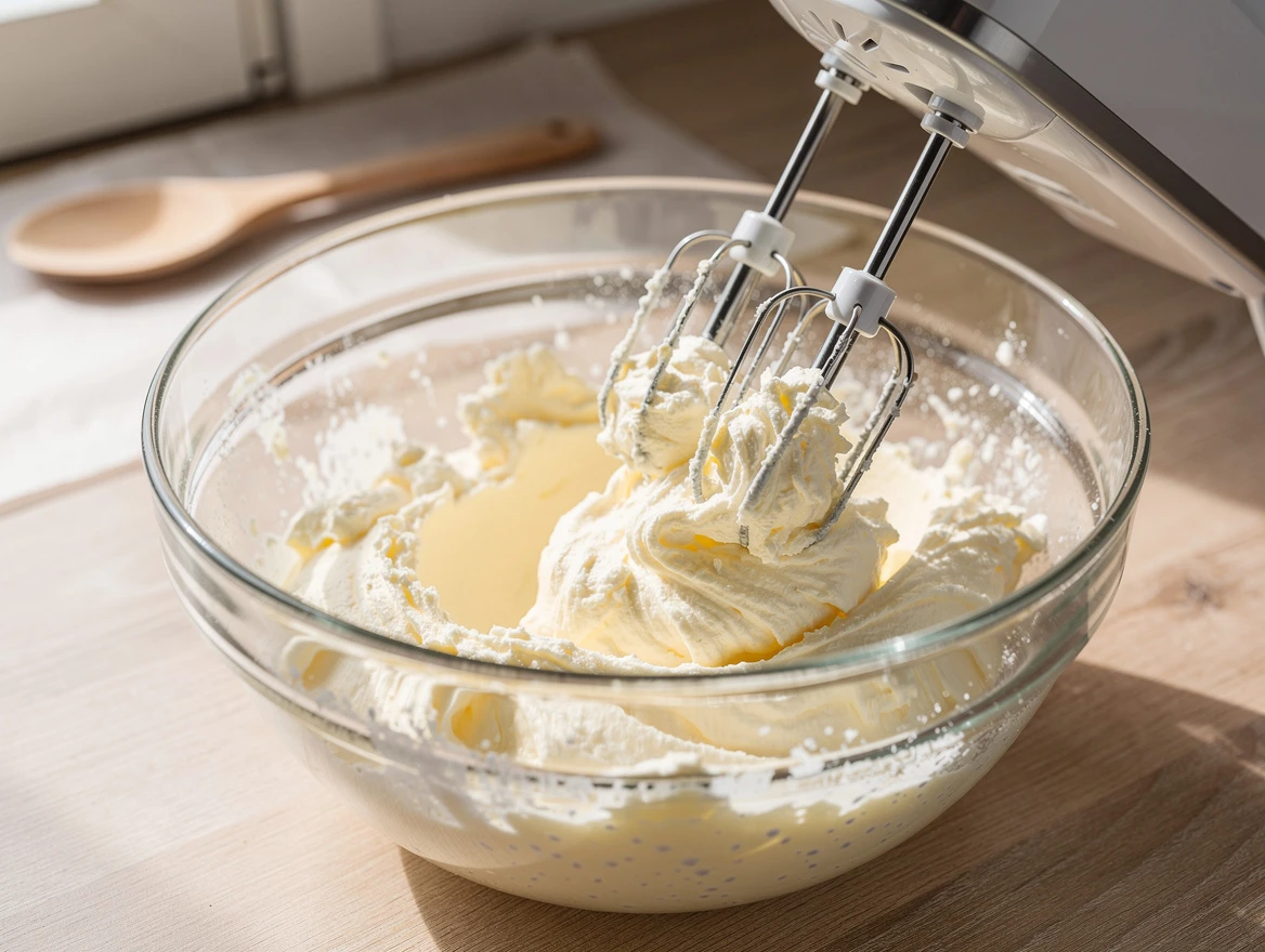 Bowl with creamed butter and erythritol mixture ready for baking