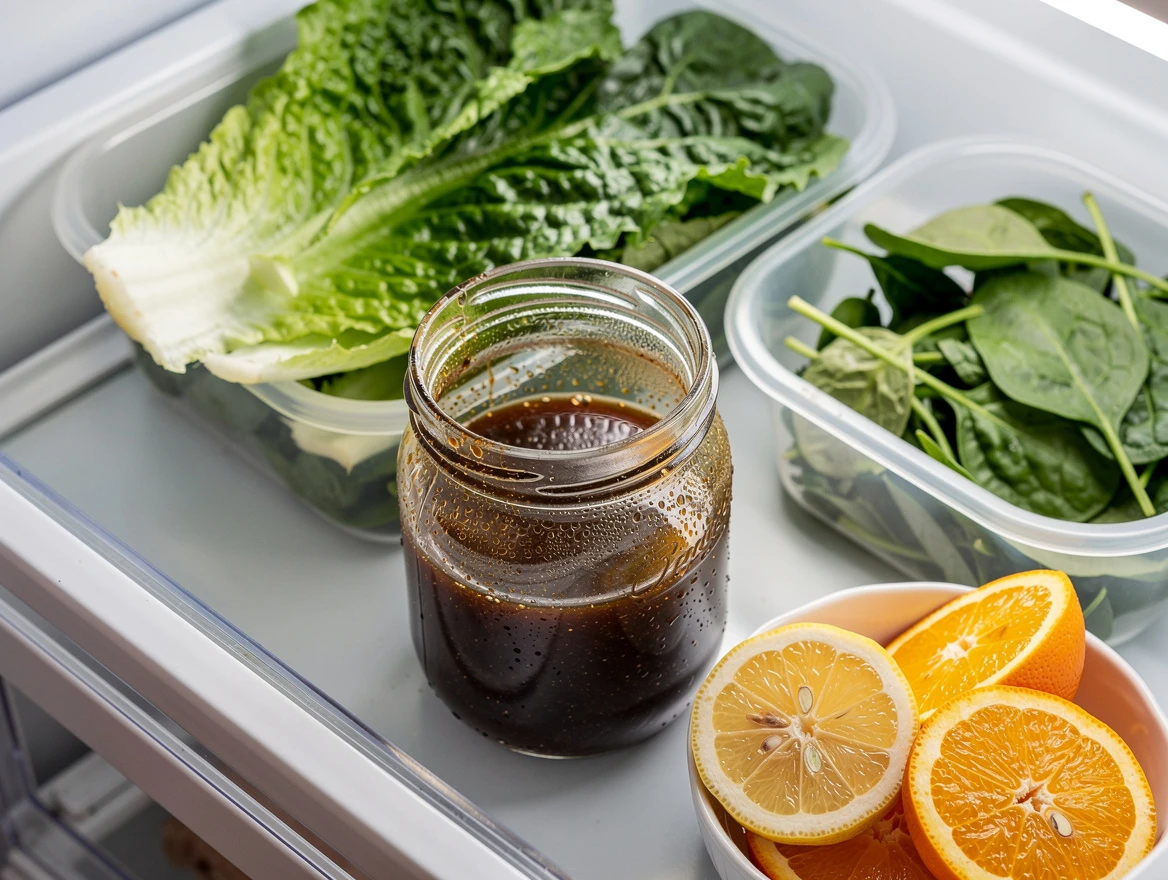 Two bowls of balsamic vinaigrette with salad in background