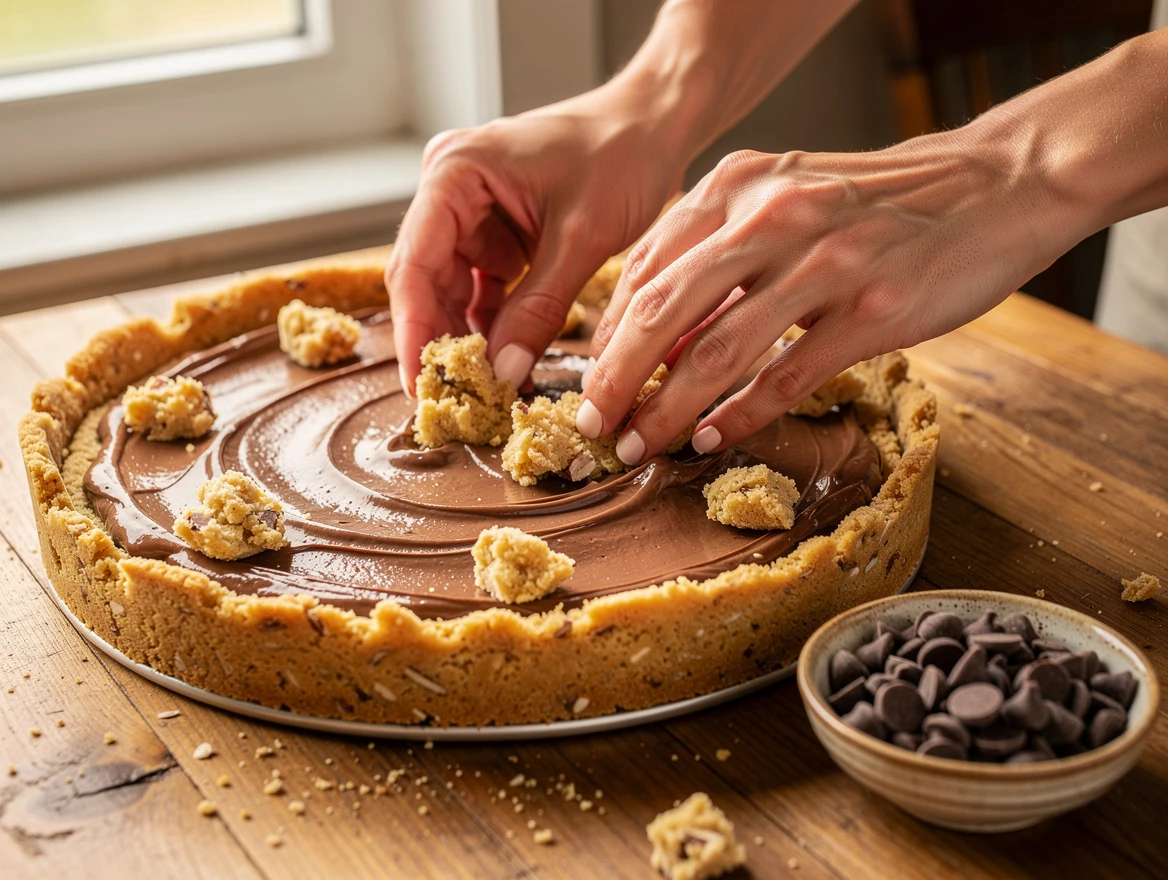 Nutella cookie pie slice on a rustic wooden table with blood sugar monitor