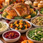 Healthy Thanksgiving dinner with herb-roasted turkey, cauliflower mash, green beans, roasted squash, and cranberry sauce.