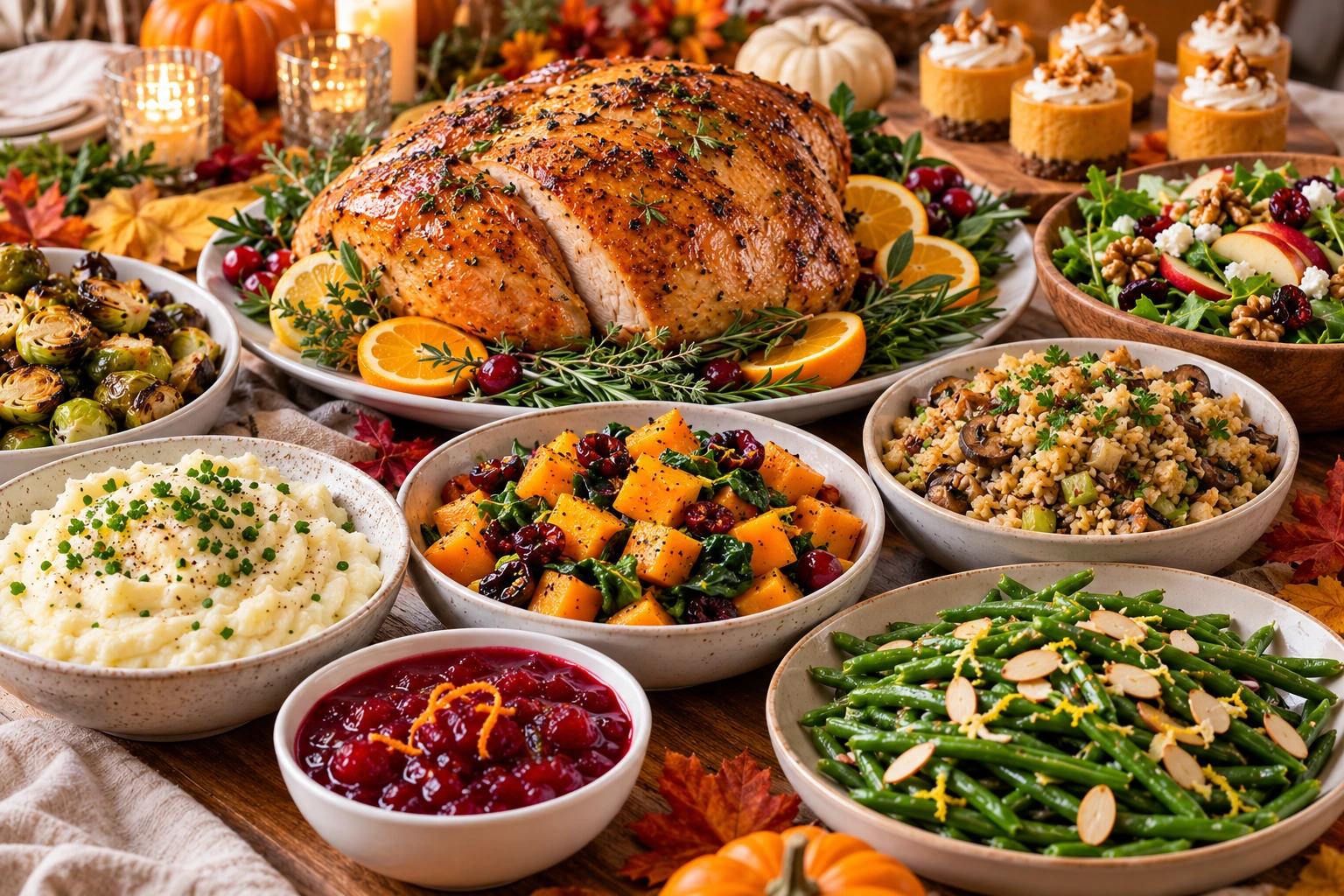 Healthy Thanksgiving dinner with herb-roasted turkey, cauliflower mash, green beans, roasted squash, and cranberry sauce.