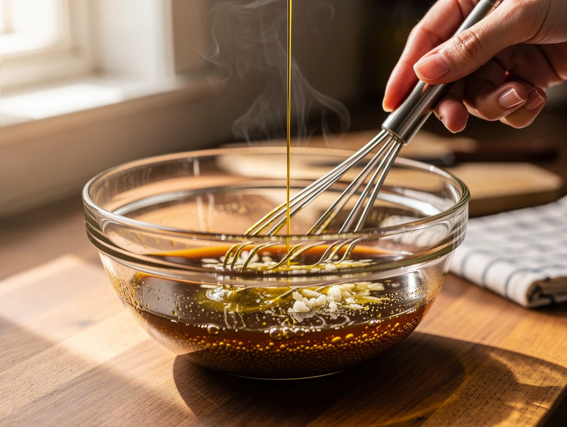 Balsamic vinaigrette ingredients and tools on wooden table