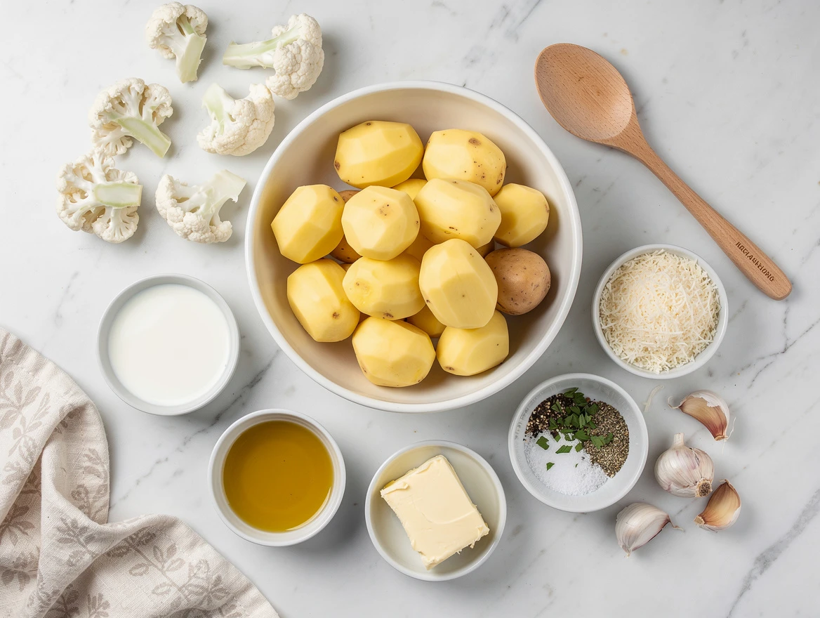 Fresh cauliflower and Yukon Gold potatoes in bowl ready for low-carb mashed potatoes recipe