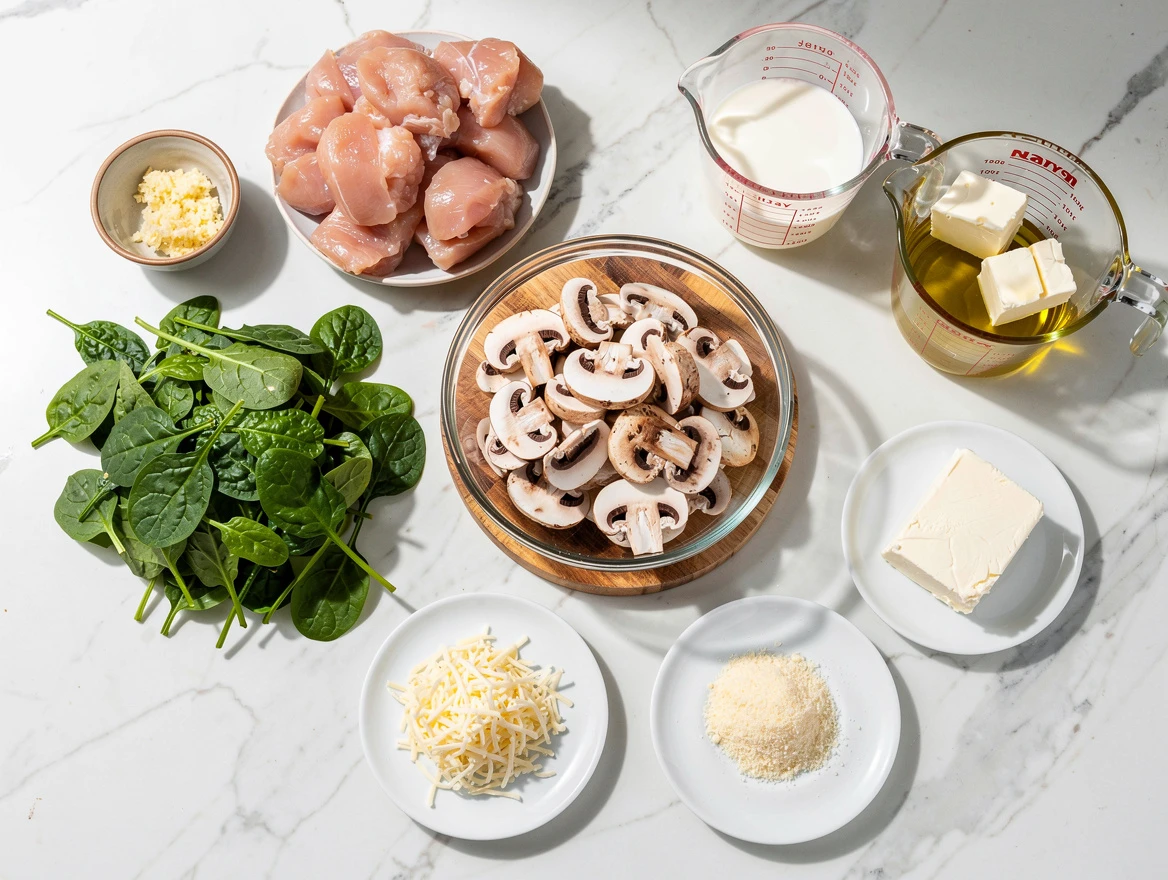 Close-up of vibrant sautéed spinach and mushrooms in creamy sauce