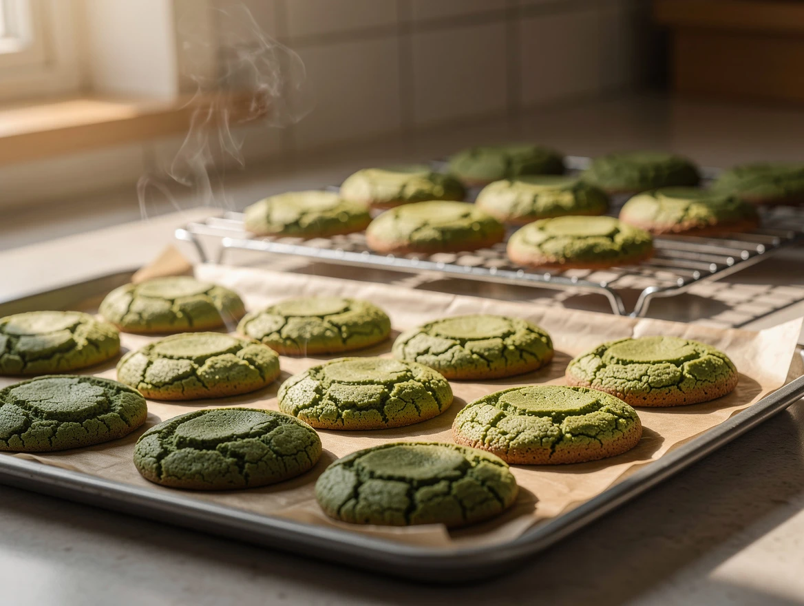 Woman testing blood sugar with device next to coffee and matcha cookies