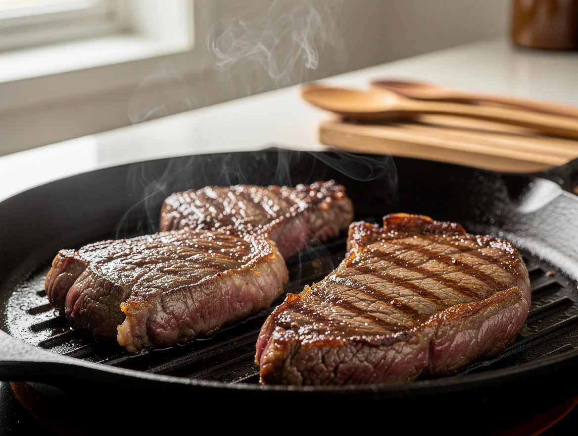Home-cooked steak dinner with low-carb sides ready to eat