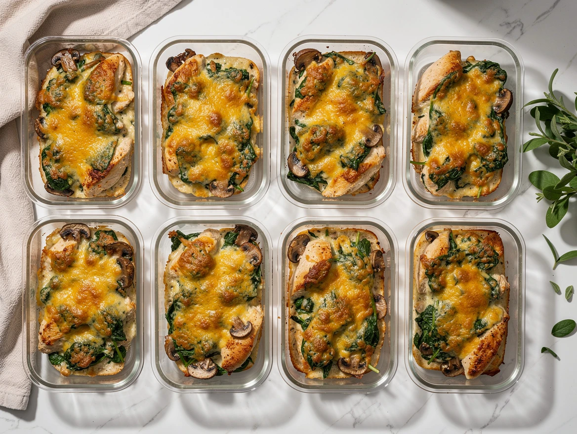Fresh spinach leaves and sliced mushrooms on wooden cutting board