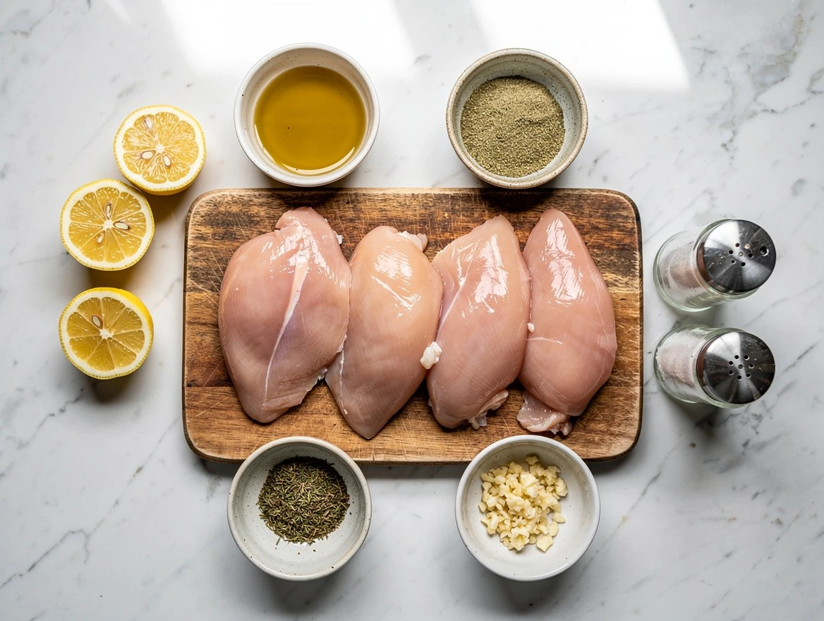Fresh raw chicken breasts on cutting board with spices and lemon